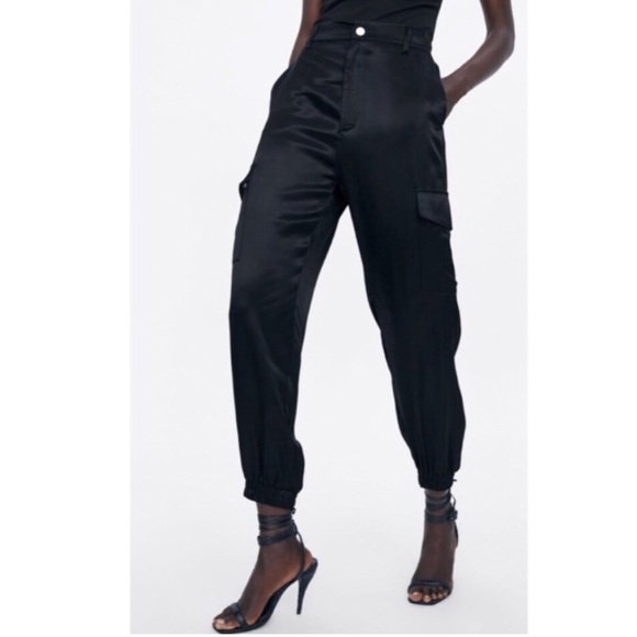 Zara Pants & Jumpsuits Zara Black Satin Effect Cargo Jogger Pants